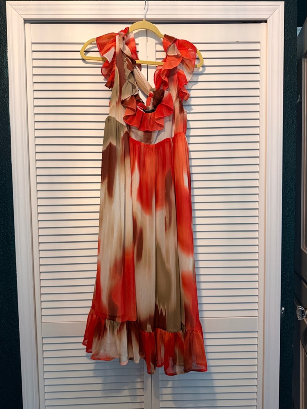 Banana Republic Red, Tan & Cream Ruffle-Neck Sleeveless Dress - Picture 2 of 6